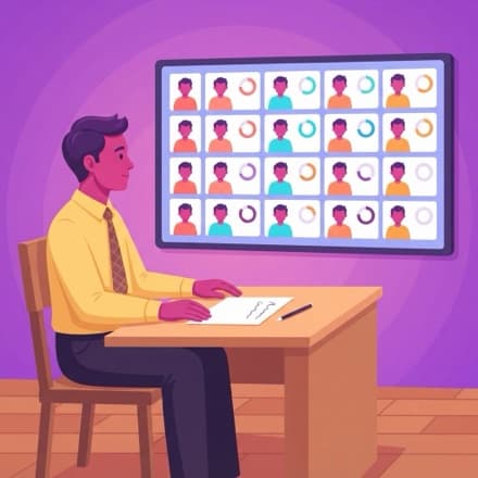 A teacher watches a wall screen of student tiles, each with its own progress ring