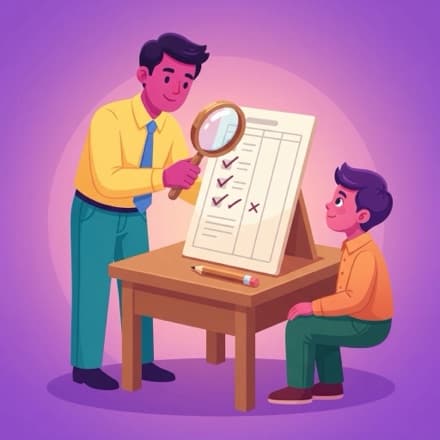 A teacher holds a magnifying glass over a marked answer sheet while a student watches