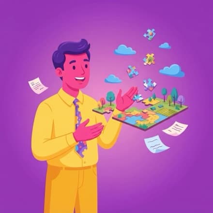 A teacher talks and a small world builds itself in the air from puzzle pieces and note slips