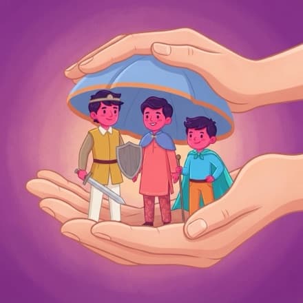 Two cupped hands sheltering a few costumed characters under an umbrella