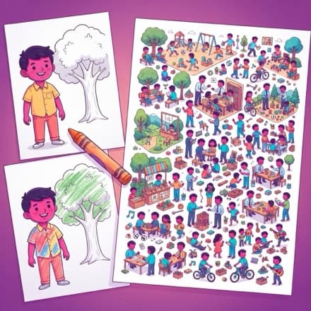 Two colouring pages with a crayon, next to one sheet packed with every drawing from the lesson
