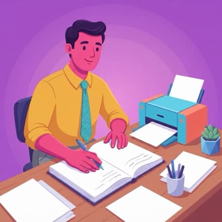 A teacher writes the lesson plan by hand in an open notebook at their own desk