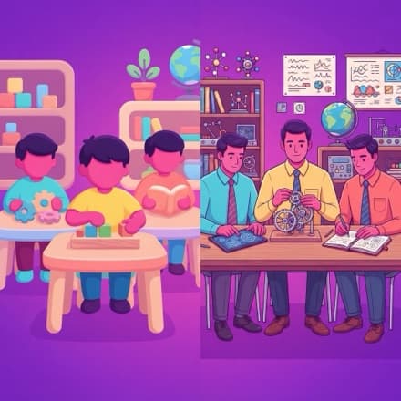 Young students with blocks on one side, older students with a gear model and charts on the other