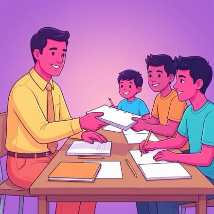 A teacher hands printed sheets around the table and every student joins in, no screens
