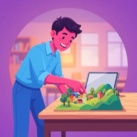 A student leans in as a small village rises out of the tablet screen