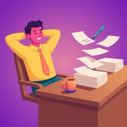 A teacher leans back with a coffee as a pen fills in the stack of papers on its own