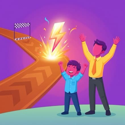 A teacher and student cheer as a lightning bolt hits a race track running to the finish flag