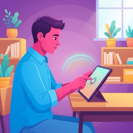 A tablet plays a question out loud, sound waves rippling from a finger on the screen