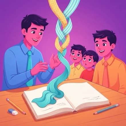 Two coloured ribbons twist into one strand above an open book as a teacher and students talk