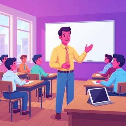 A teacher speaks at the front of the class while a tablet sits quietly on a side desk