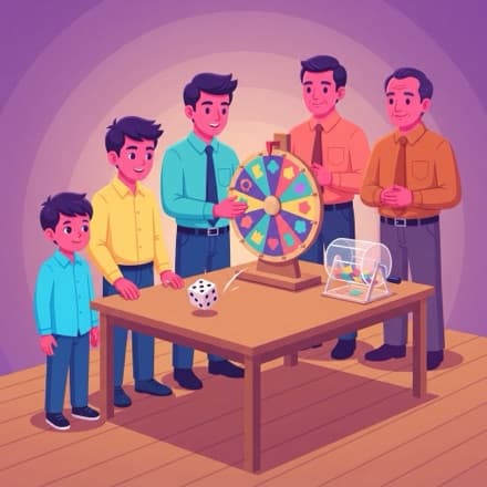 A spinner wheel, a dice, and a raffle drum on a table with the class gathered round