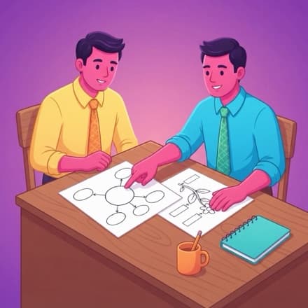 Two teachers look over a printed bubble map and a diagram sheet with blank labels