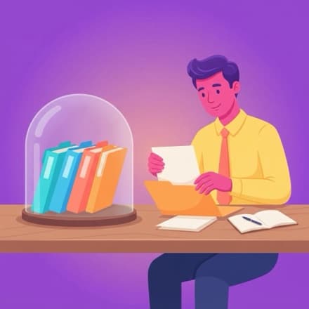 A teacher reads from a folder while the older files sit safe under a glass dome