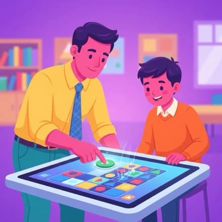 A teacher and student press the glowing start button on a table screen of game tiles