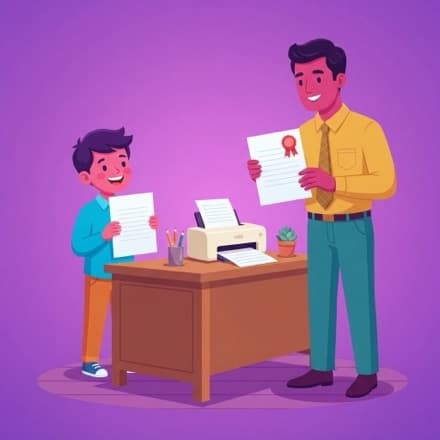 A student holds a blank sheet while the teacher holds the matching copy with the answer key badge