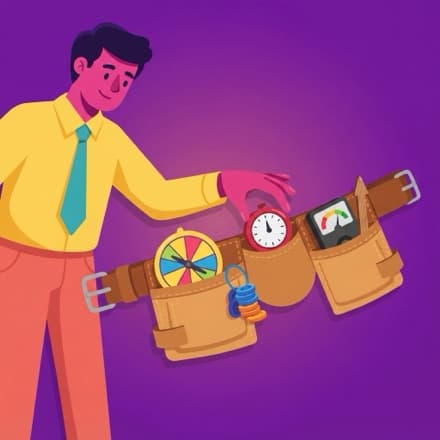 A teacher reaching into a tool belt holding a spinner wheel, a timer, and a meter