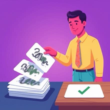 A teacher lifts scribbled question cards off the pile, leaving a clean one with a green tick