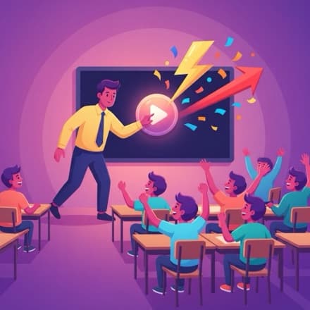 A teacher pulls a glowing play button off the board and the class cheers in confetti