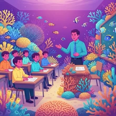 A whole classroom turned into a coral reef, with fish and coral around the desks