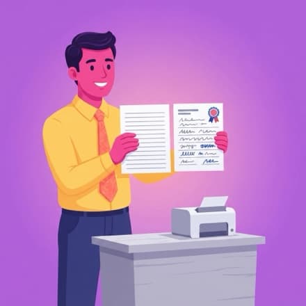 A teacher holds up a blank worksheet next to the filled-in copy, printer beside him