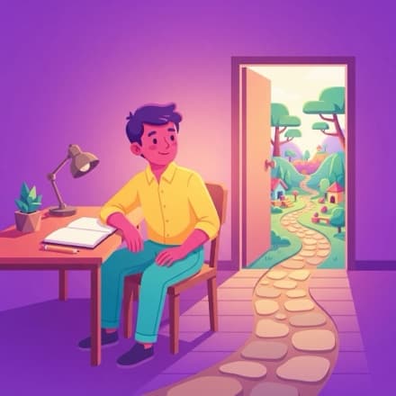 A student at a desk beside an open door, a path leading out into the world of the lesson